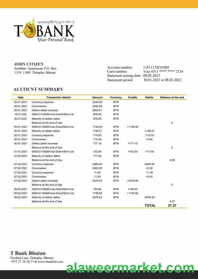 Bhutan T Bank statement